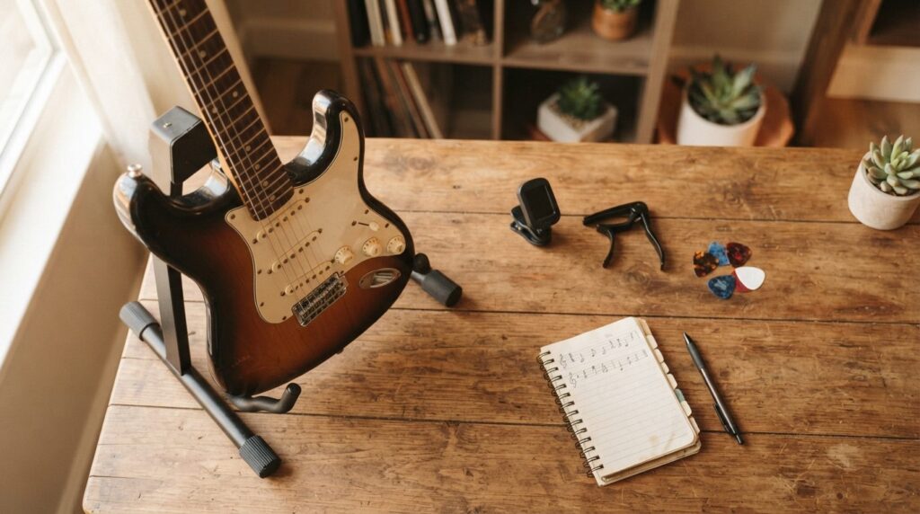 Overhead lifestyle shot of beginner musician setup: electric