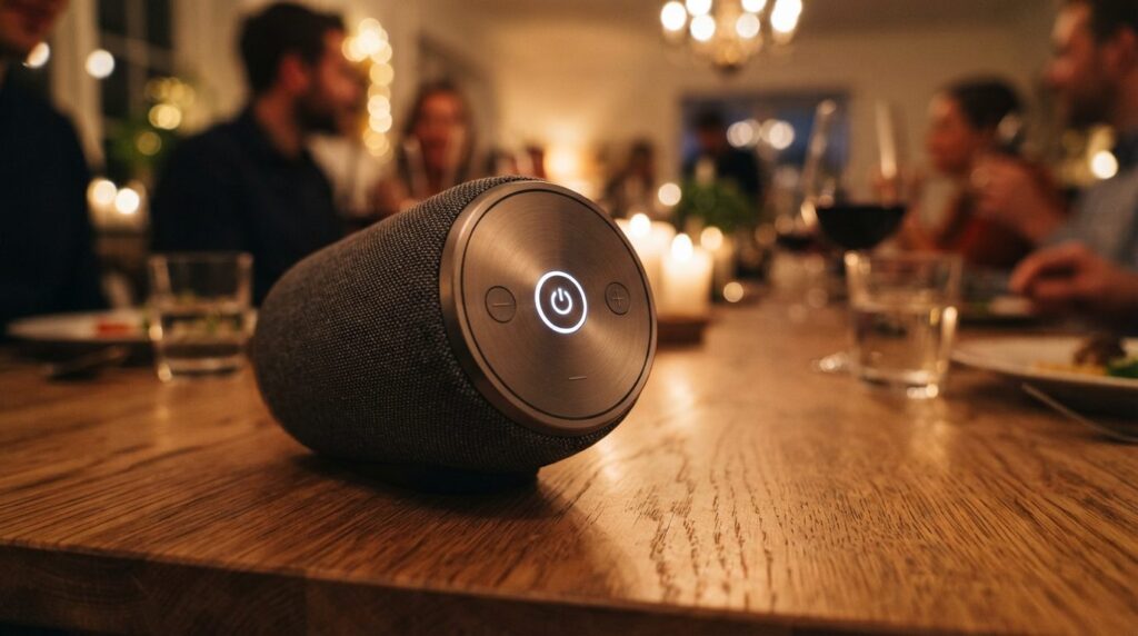 Close-up of a modern portable Bluetooth speaker on a wooden 