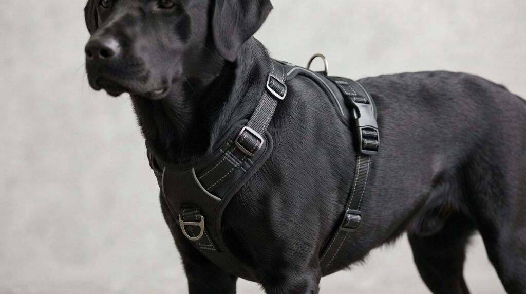 Close-up detailed view of a modern no-escape dog harness wit