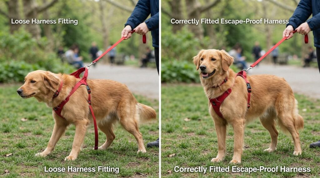 Side-by-side comparison of dog harness fitting, left side sh