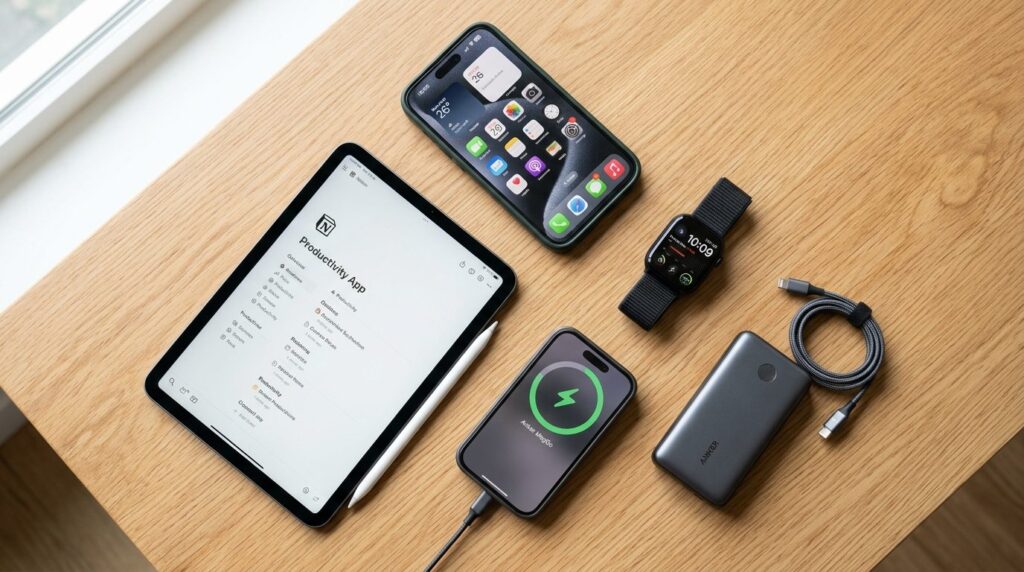 Samling af praktiske dagligdags gadgets arrangeret ovenfra på flad overflade.