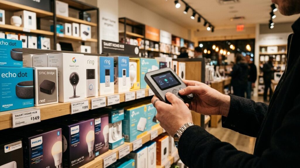 To personer holder en praktisk gadget mens de handler i moderne omgivelser.
